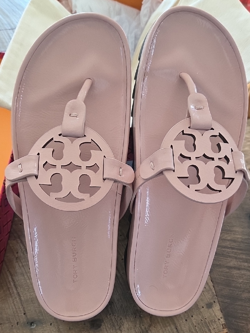 Tory Burch Blush Patent Leather Logo Thong Sandals